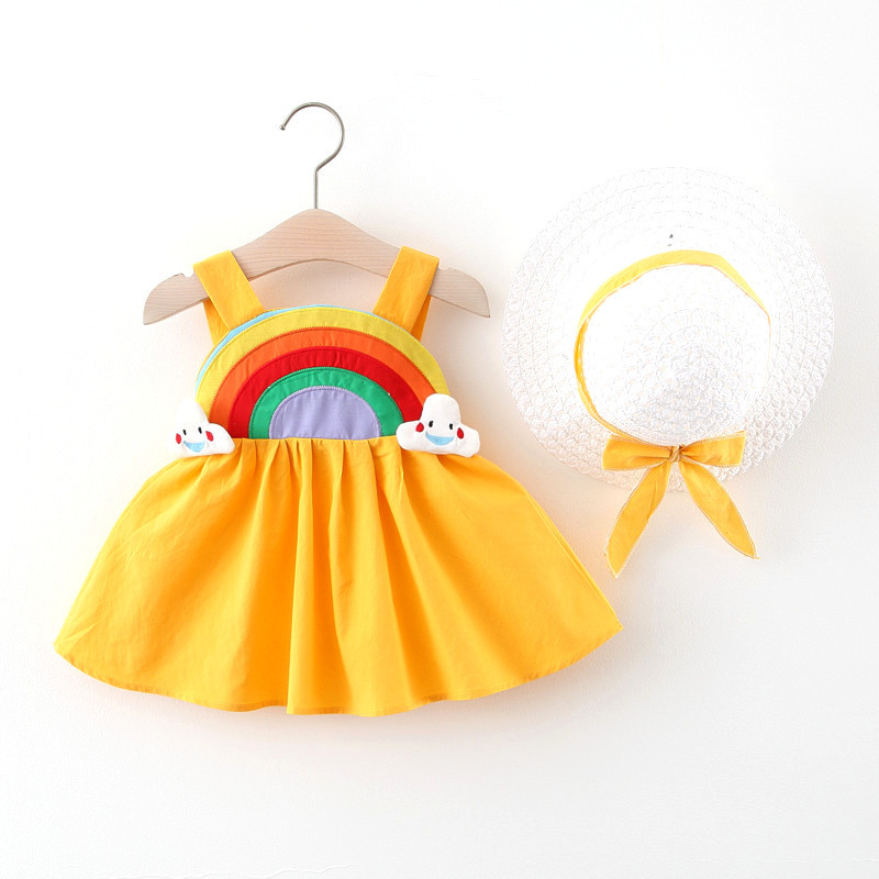 6M-5T Baby Girls Summer Dresses with Rainbow Details and Hat Clothing Set