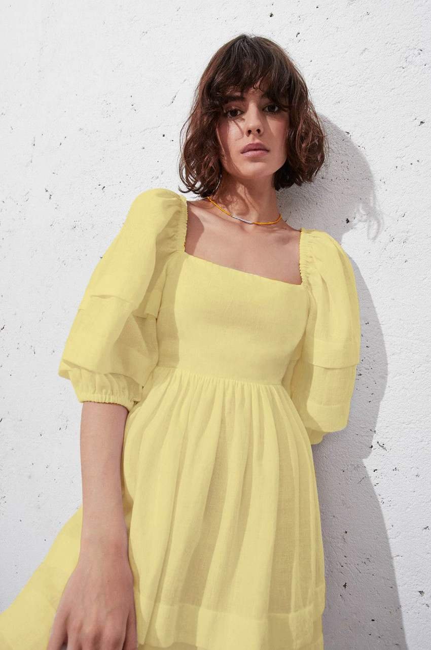 Sexy Square Collar Short Sleeve Back Lace Up Pleated Dress Puff Sleeve Cotton Linen Blend Knee Length Ruffle Dresses