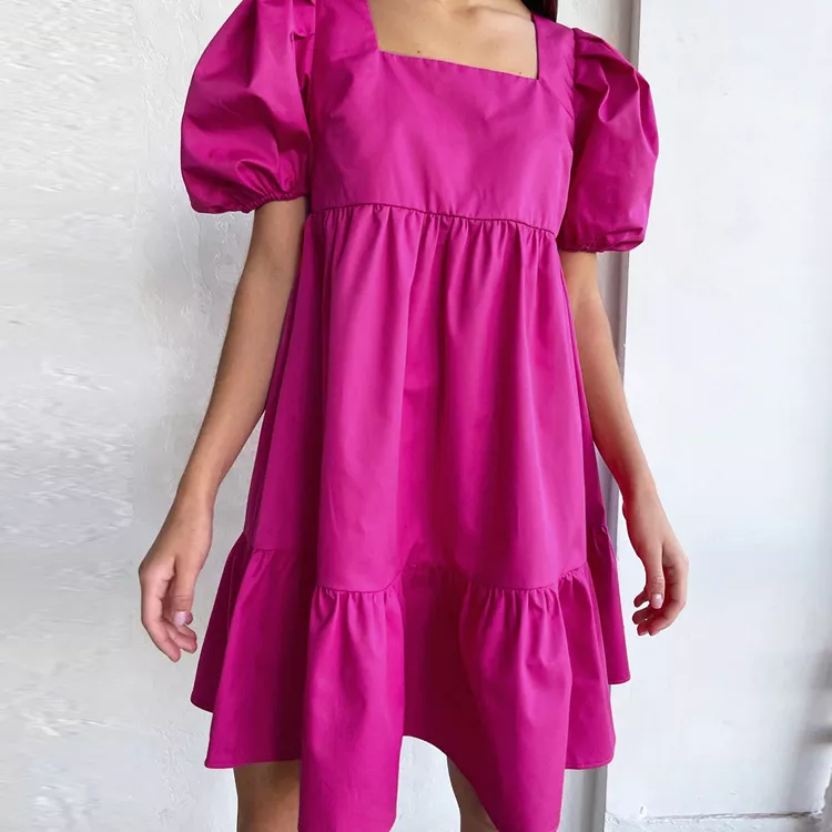 French New Trendy 2022 Sweet Pink Green Square Collar Puff Sleeve Vestidos Backless Solid Color Summer Mini Cotton Dresses