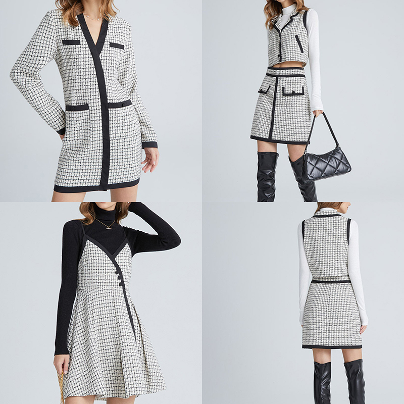 Customize And Wholesale Available Tweed Plaid Contrast Trim Dress Elegant Women Clothes Wear